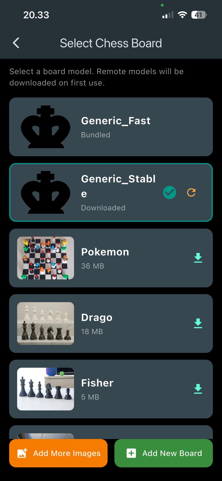 Board selection screen in the app